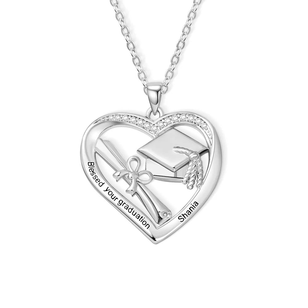 Personalized Heart-shaped Graduation Cap Scroll Necklace with Zircon and Engraved Text Graduation Gift for Graduates Women
