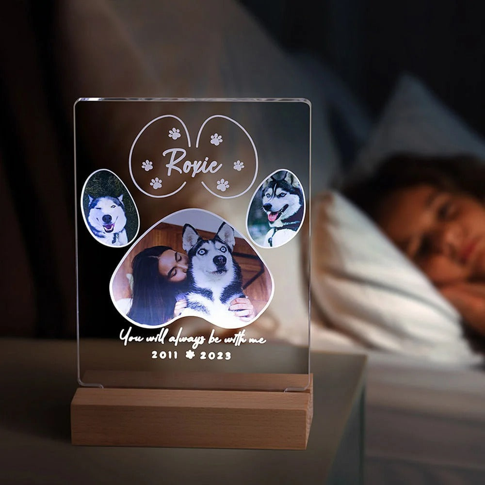 Personalized Pet Paw Print Photo Collage Memorial LED Night Light with Wooden Base Pet Loss Sympathy Gift for Cat Dog Pet Lovers