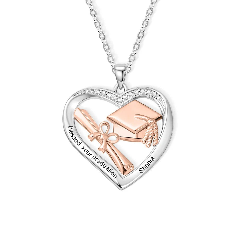 Personalized Heart-shaped Graduation Cap Scroll Necklace with Zircon and Engraved Text Graduation Gift for Graduates Women