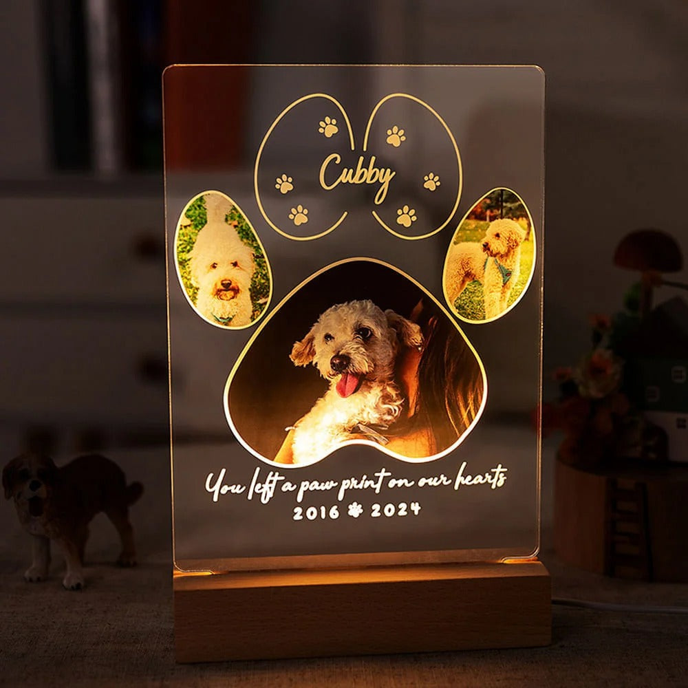 Personalized Pet Paw Print Photo Collage Memorial LED Night Light with Wooden Base Pet Loss Sympathy Gift for Cat Dog Pet Lovers