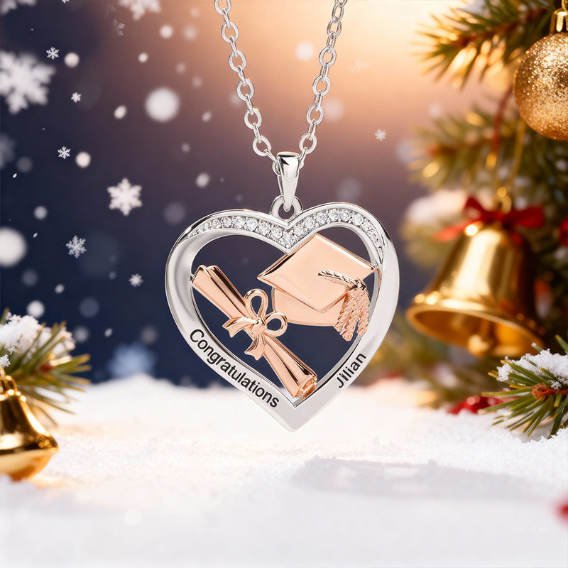 Personalized Heart-shaped Graduation Cap Scroll Necklace with Zircon and Engraved Text Graduation Gift for Graduates Women