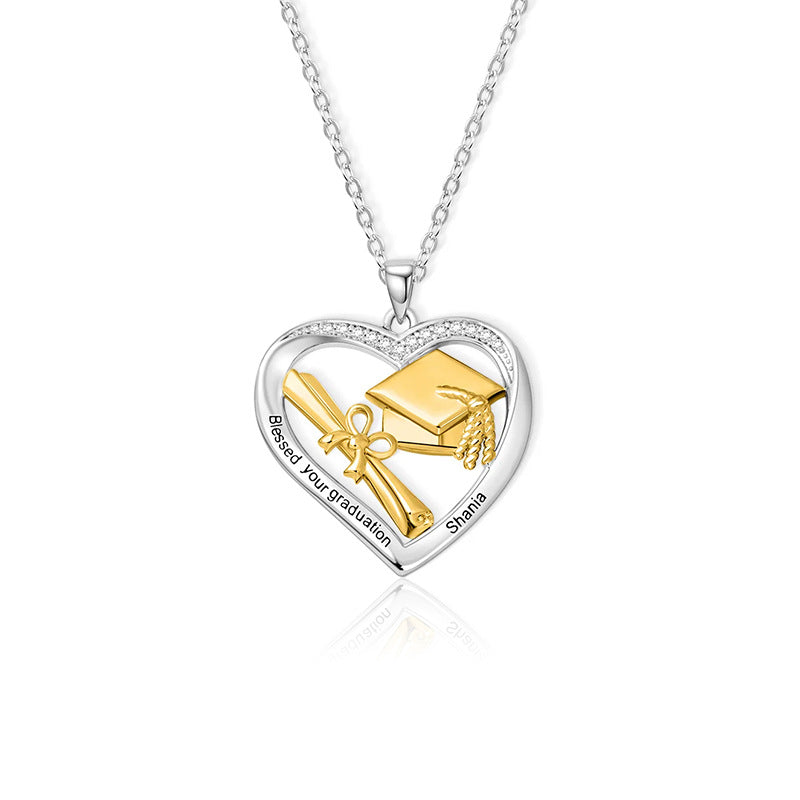 Personalized Heart-shaped Graduation Cap Scroll Necklace with Zircon and Engraved Text Graduation Gift for Graduates Women