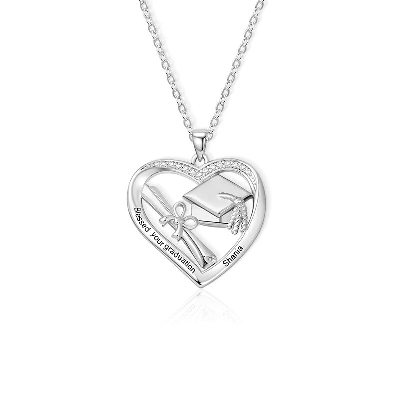 Personalized Heart-shaped Graduation Cap Scroll Necklace with Zircon and Engraved Text Graduation Gift for Graduates Women