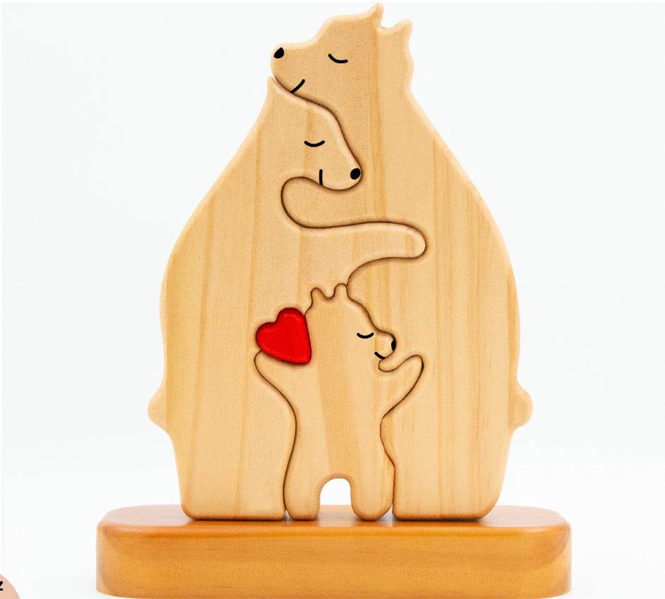 Personalized Wooden Bear Family Puzzle - With Base - Custom Wooden Pet Sculpture