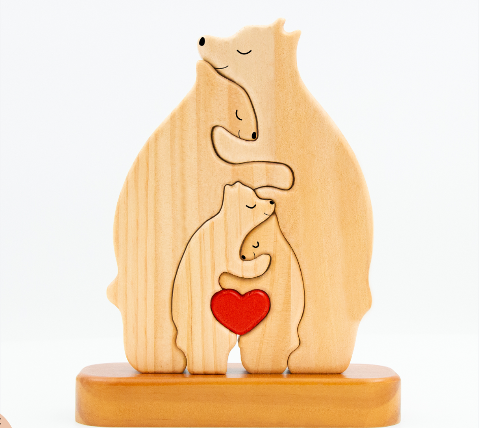 Personalized Wooden Bear Family Puzzle - With Base - Custom Wooden Pet Sculpture