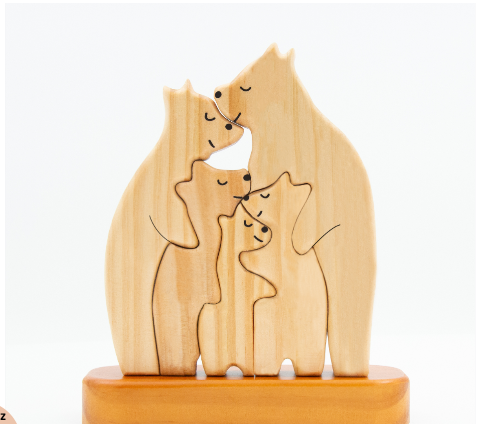 Personalized Wooden Bear Family Puzzle - With Base - Custom Wooden Pet Sculpture