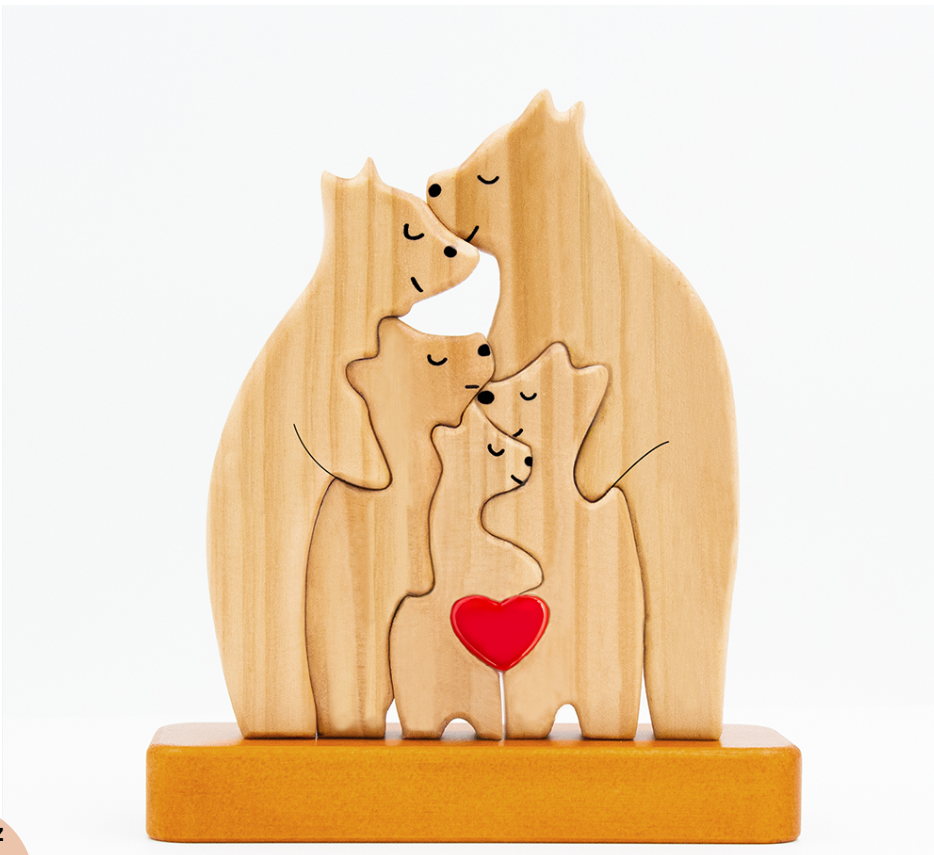 Personalized Wooden Bear Family Puzzle - With Base - Custom Wooden Pet Sculpture