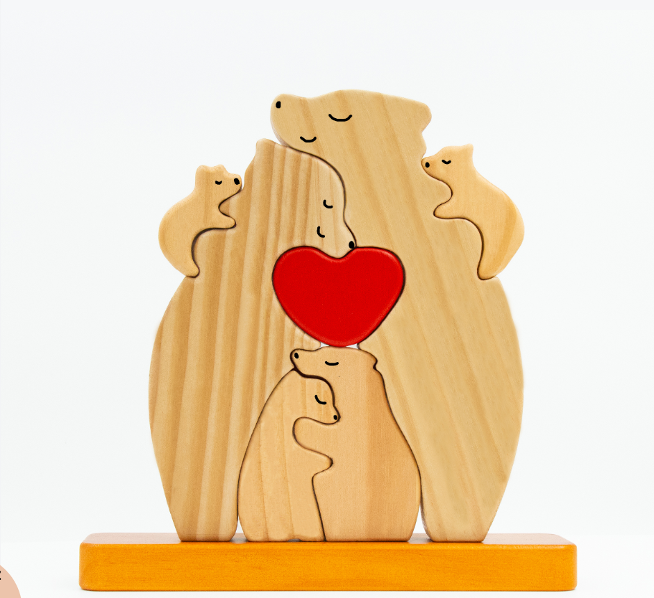 Personalized Wooden Bear Family Puzzle - With Base - Custom Wooden Pet Sculpture