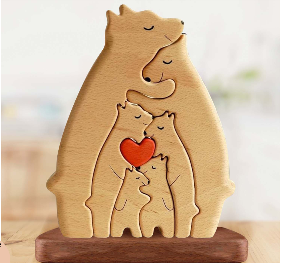 Personalized Wooden Bear Family Puzzle - With Base - Custom Wooden Pet Sculpture