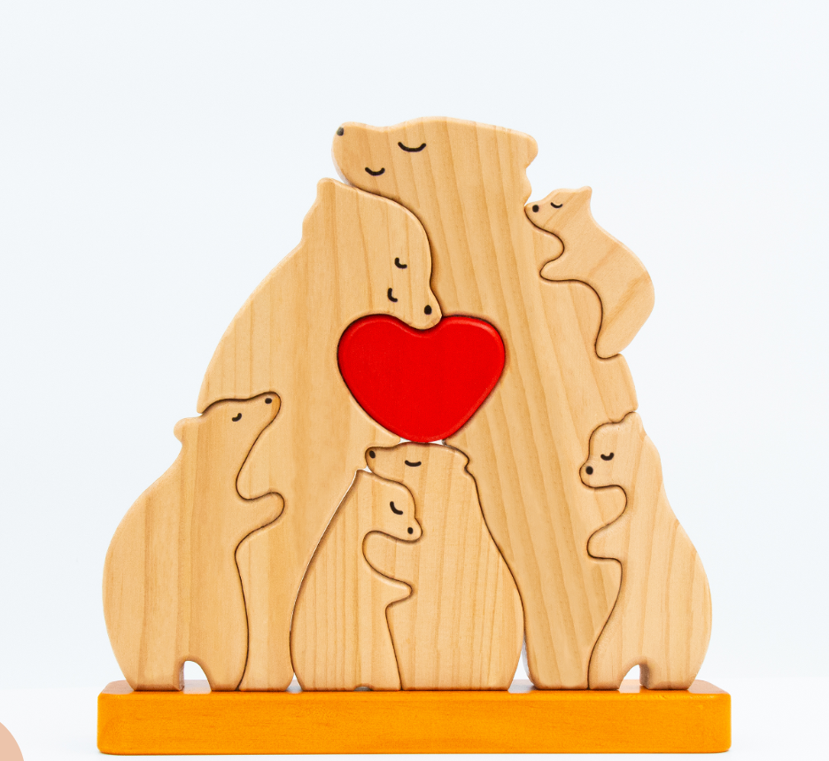 Personalized Wooden Bear Family Puzzle - With Base - Custom Wooden Pet Sculpture