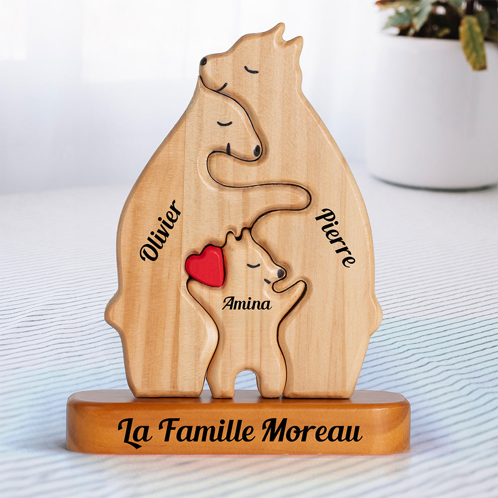 Personalized Wooden Bear Family Puzzle - With Base - Custom Wooden Pet Sculpture