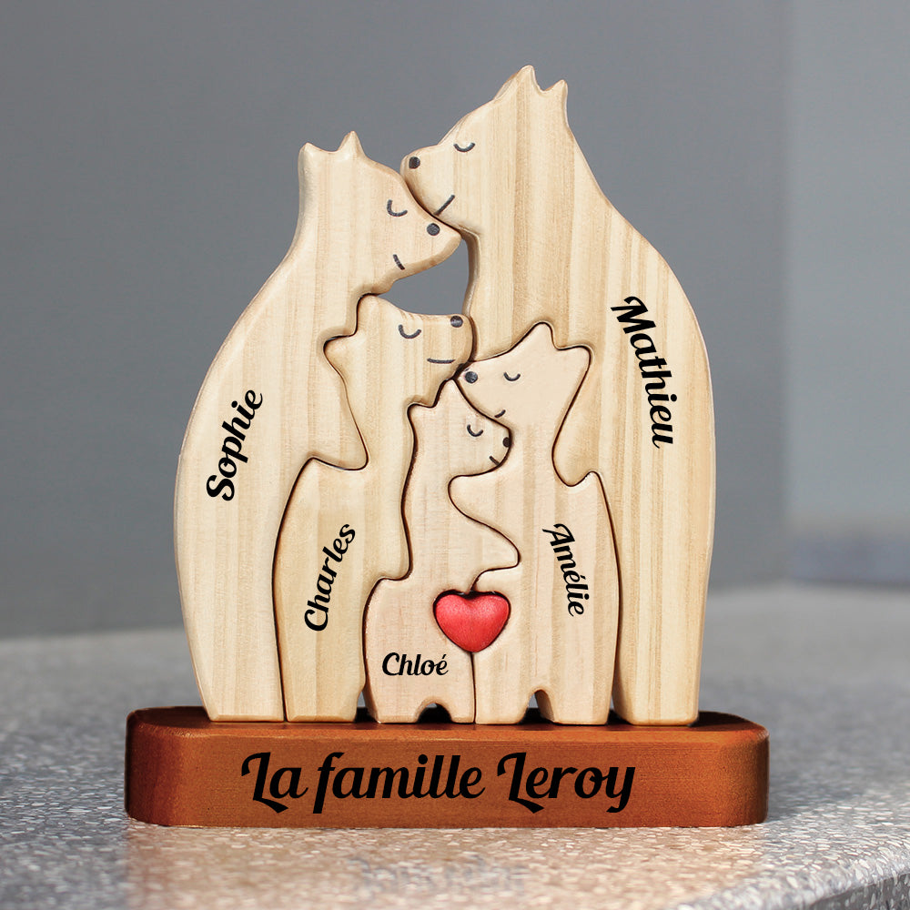 Personalized Wooden Bear Family Puzzle - With Base - Custom Wooden Pet Sculpture
