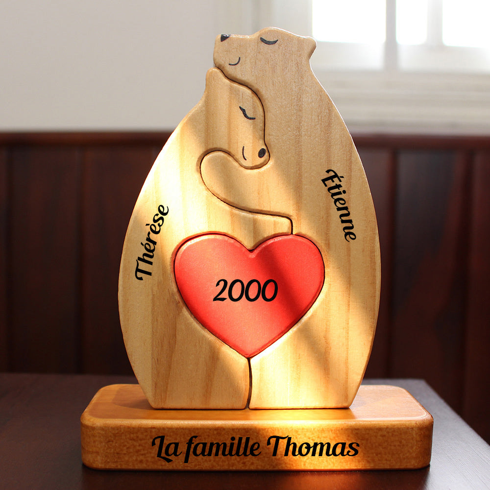 Personalized Wooden Bear Family Puzzle - With Base - Custom Wooden Pet Sculpture