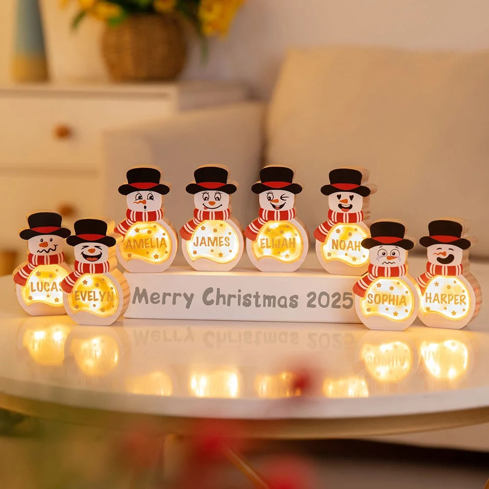 Personalized Snowman LED Light Wooden Decoration Ornament with Tabletop Name Block Sign Holiday Party Essentials Winter Christmas Gift for Family Kids