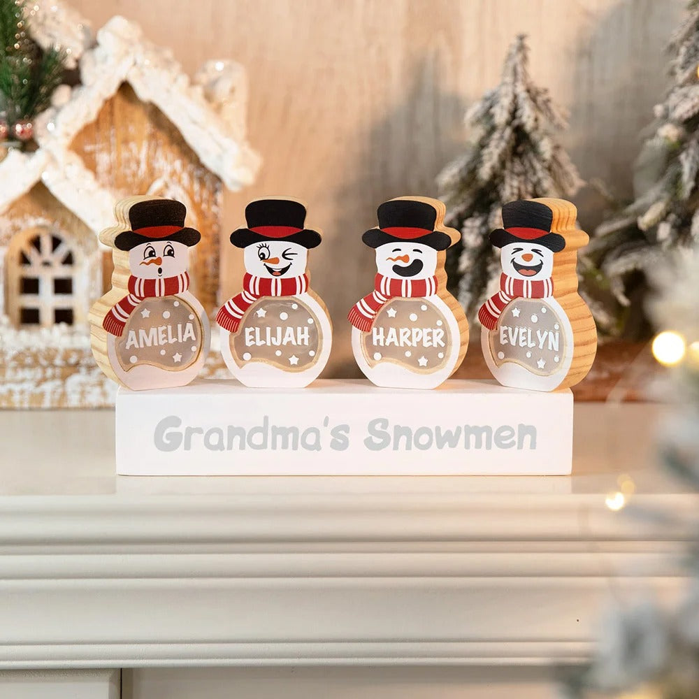 Personalized Snowman LED Light Wooden Decoration Ornament with Tabletop Name Block Sign Holiday Party Essentials Winter Christmas Gift for Family Kids