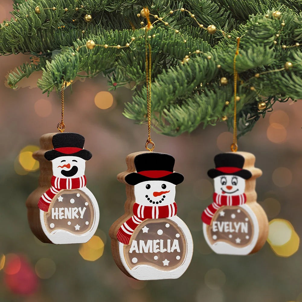 Personalized Cute Snowman LED Light Wooden Christmas Ornament with Name Christmas Tree Stocking Decor Winter Holiday Party Gift for Family Kids