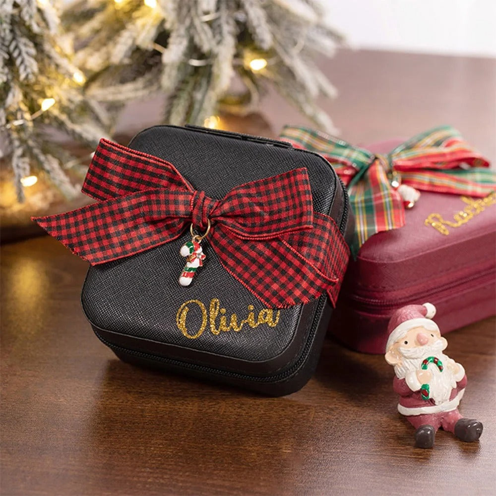 Personalized Christmas Travel Jewelry Case with Christmas Charm & Bow, Custom Glitter Gold Name Leather Jewelry Box, Christmas Gift for Girl/Woman/Her