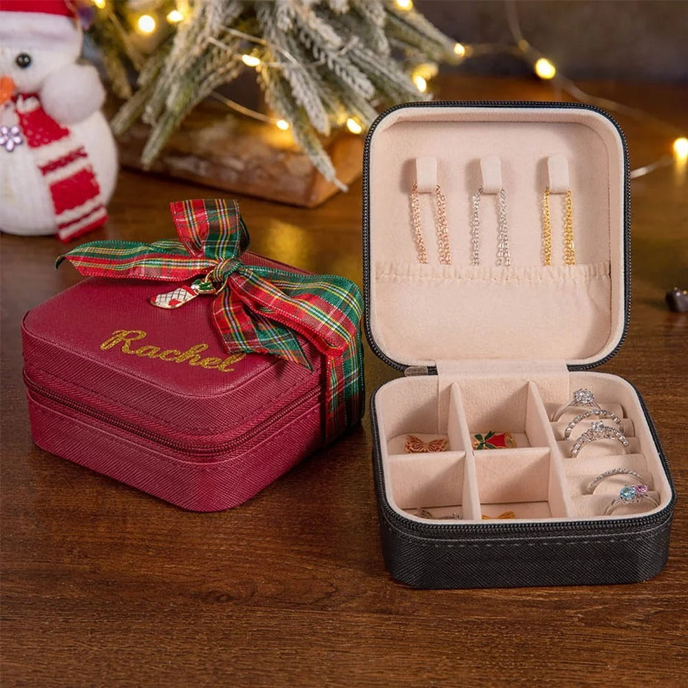 Personalized Christmas Travel Jewelry Case with Christmas Charm & Bow, Custom Glitter Gold Name Leather Jewelry Box, Christmas Gift for Girl/Woman/Her