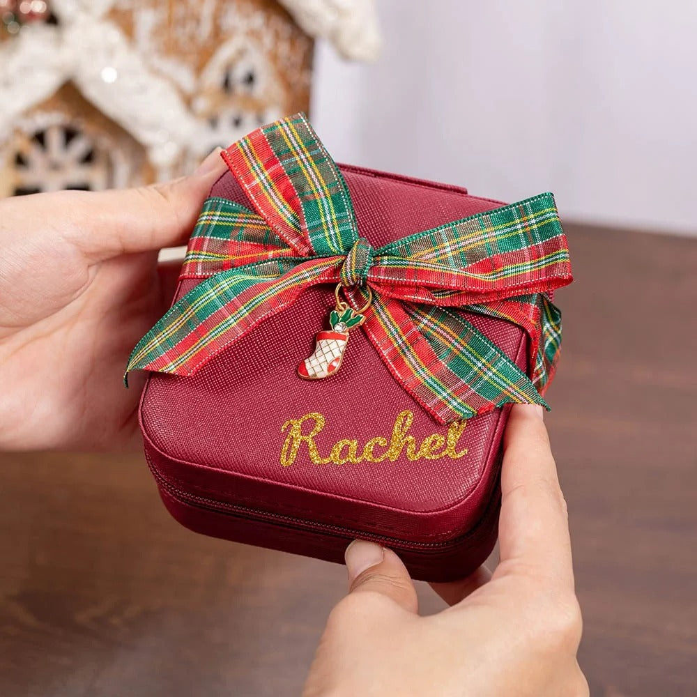 Personalized Christmas Travel Jewelry Case with Christmas Charm & Bow, Custom Glitter Gold Name Leather Jewelry Box, Christmas Gift for Girl/Woman/Her