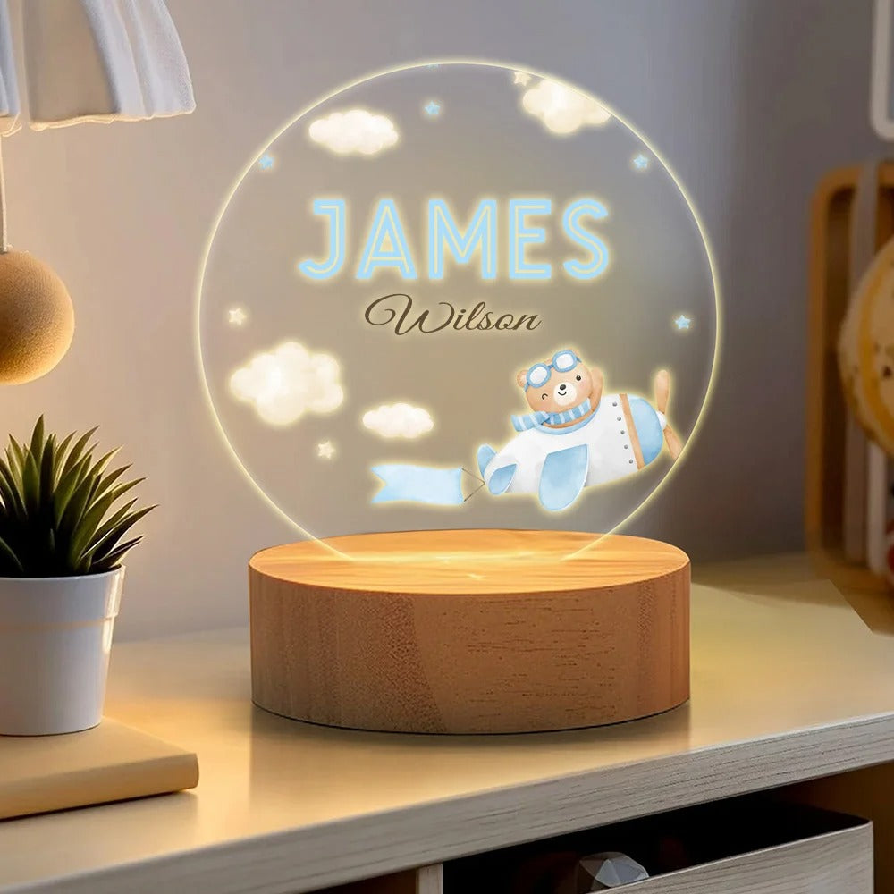 Personalized Watercolor Teddy Bear LED Night Light with Name and Wooden Base Nursery Decor Birthday Gift for Family New Parents Kids