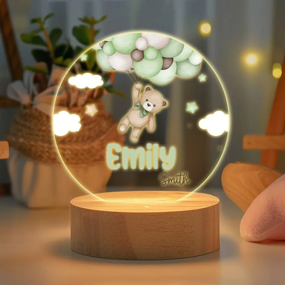 Personalized Watercolor Teddy Bear LED Night Light with Name and Wooden Base Nursery Decor Birthday Gift for Family New Parents Kids