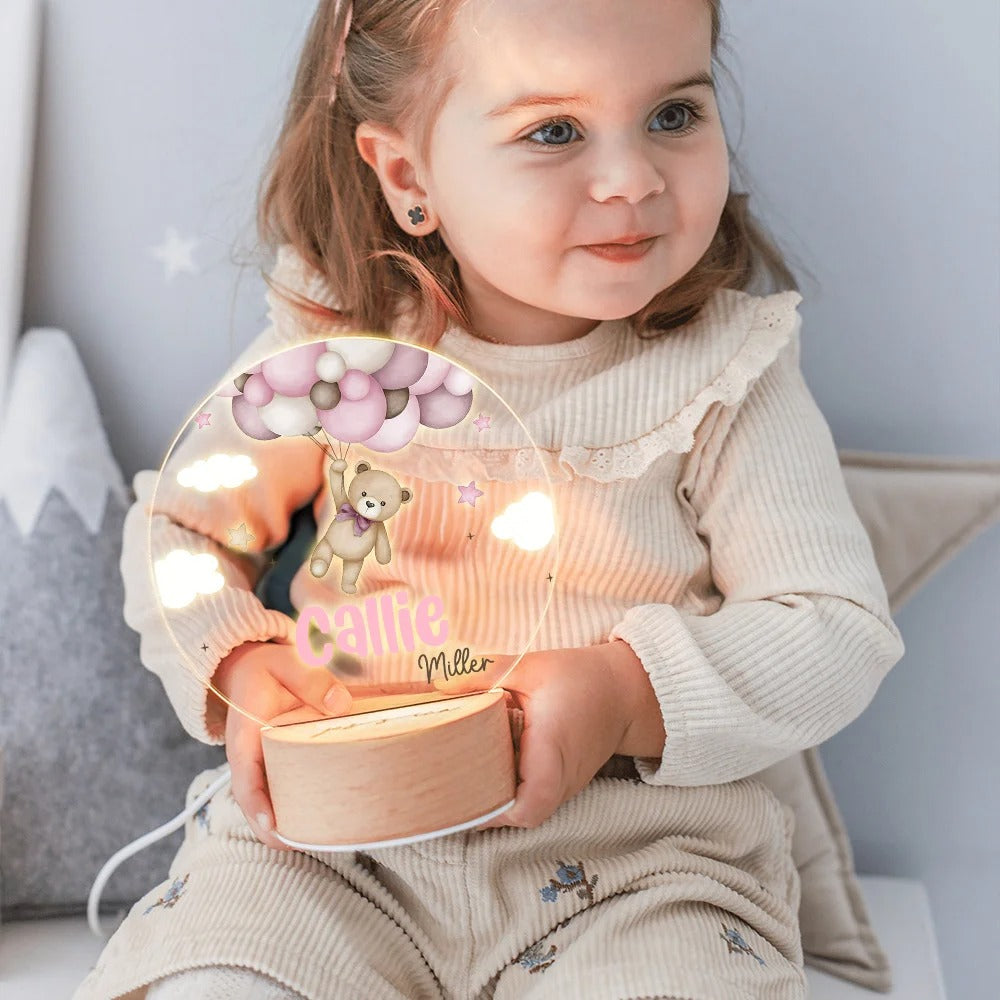 Personalized Watercolor Teddy Bear LED Night Light with Name and Wooden Base Nursery Decor Birthday Gift for Family New Parents Kids