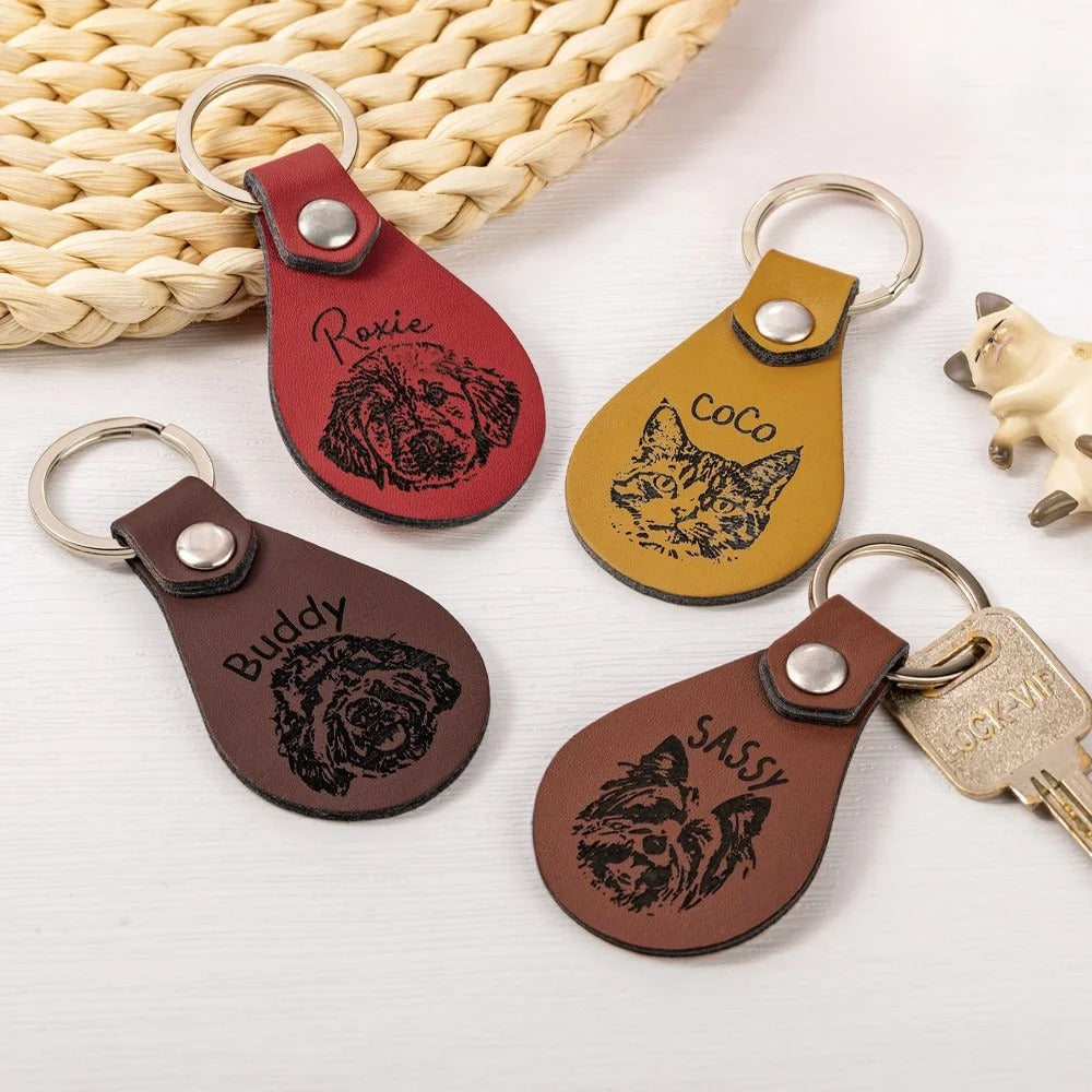Personalized Engraved Pet Portrait Keychain with Name, Custom Photo Dog Cat Leather Keyring, Pet Memorial Accessories, Gift for Pet Lovers/Owners