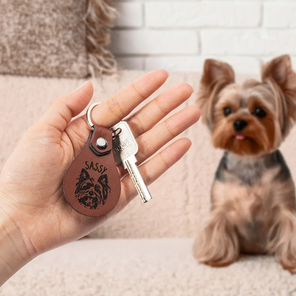 Personalized Engraved Pet Portrait Keychain with Name, Custom Photo Dog Cat Leather Keyring, Pet Memorial Accessories, Gift for Pet Lovers/Owners