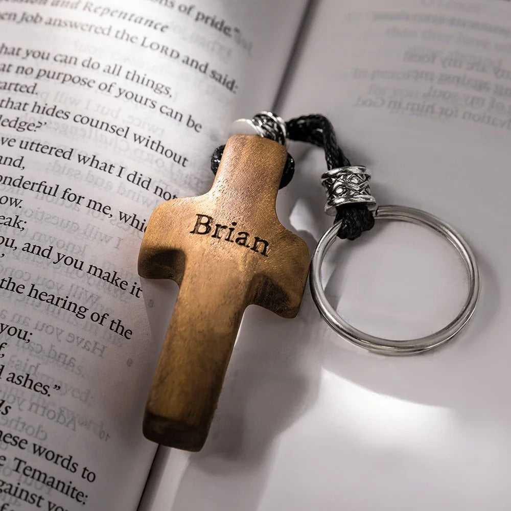 Personalized Name & Initial Wooden Cross Keychain, Custom Engraved Heart Cross with Leather Rope Keyring, Easter/Christmas Gift for Family/Friends