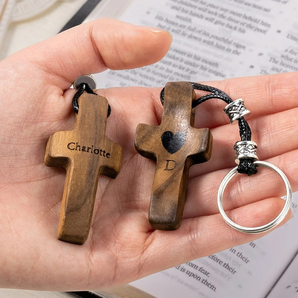 Personalized Name & Initial Wooden Cross Keychain, Custom Engraved Heart Cross with Leather Rope Keyring, Easter/Christmas Gift for Family/Friends