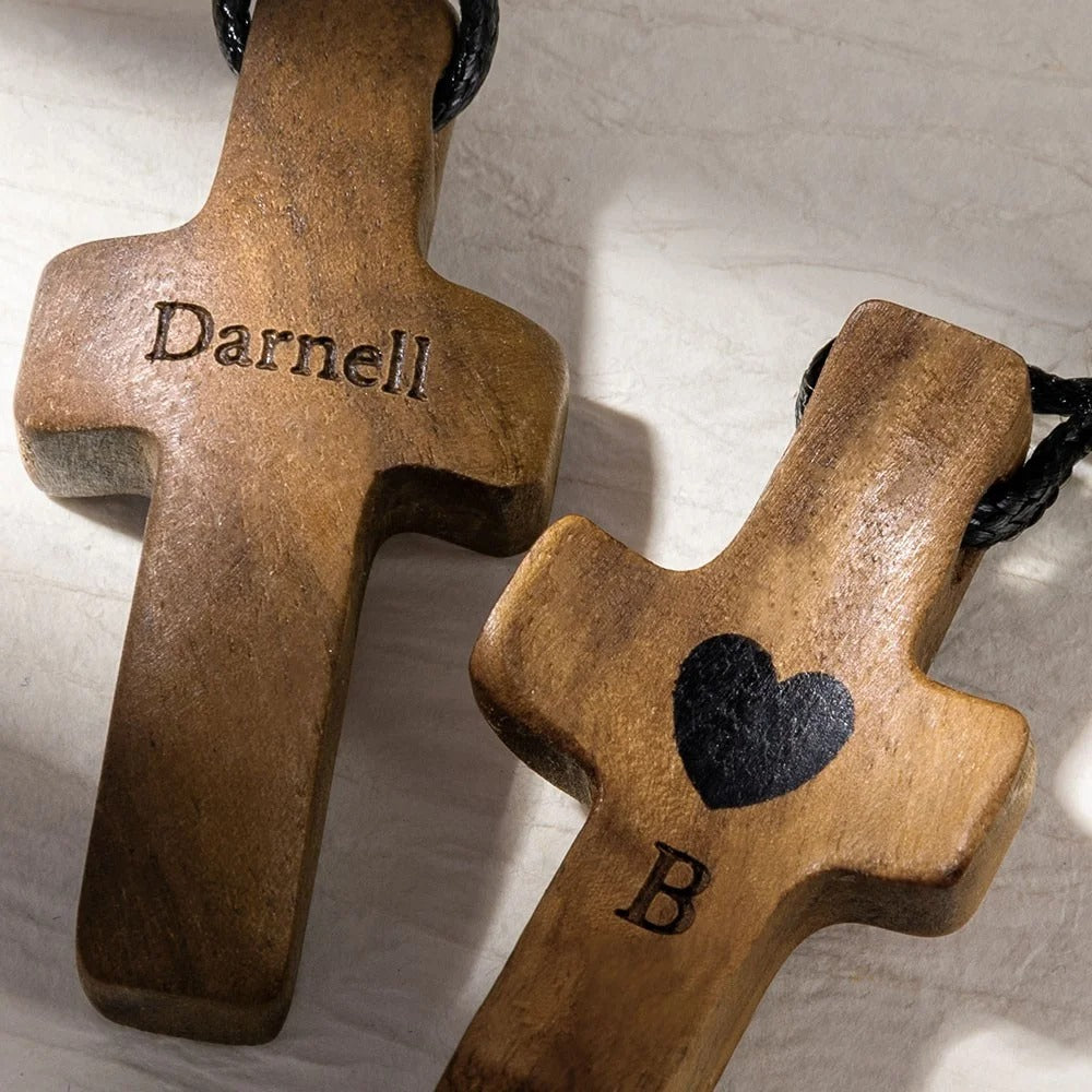 Personalized Name & Initial Wooden Cross Keychain, Custom Engraved Heart Cross with Leather Rope Keyring, Easter/Christmas Gift for Family/Friends