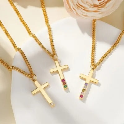 Personalized 1-6 Birthstones Cross Necklace, Sterling Silver 925 Christian Faith Jewelry, Birthday/Baptism/Christmas Gift for Couple/Family/Friends