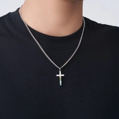 Personalized 1-6 Birthstones Cross Necklace, Sterling Silver 925 Christian Faith Jewelry, Birthday/Baptism/Christmas Gift for Couple/Family/Friends