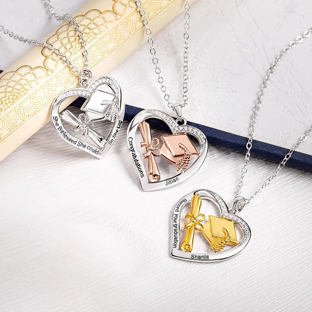 Personalized Heart-shaped Graduation Cap Scroll Necklace with Zircon and Engraved Text Graduation Gift for Graduates Women
