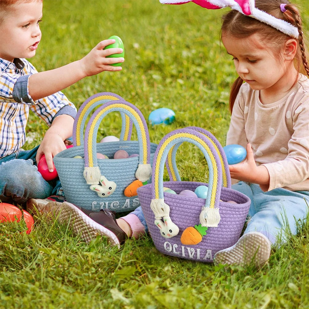 Personalized Cute Easter Rabbit Carrot Woven Basket with Name Easter Egg Hunts Party Favor Birthday Gift for Kids