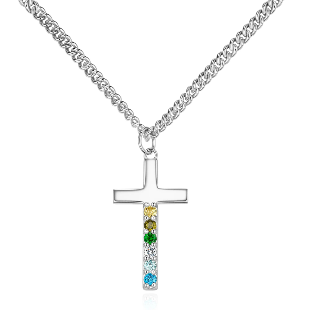 Personalized 1-6 Birthstones Cross Necklace, Sterling Silver 925 Christian Faith Jewelry, Birthday/Baptism/Christmas Gift for Couple/Family/Friends