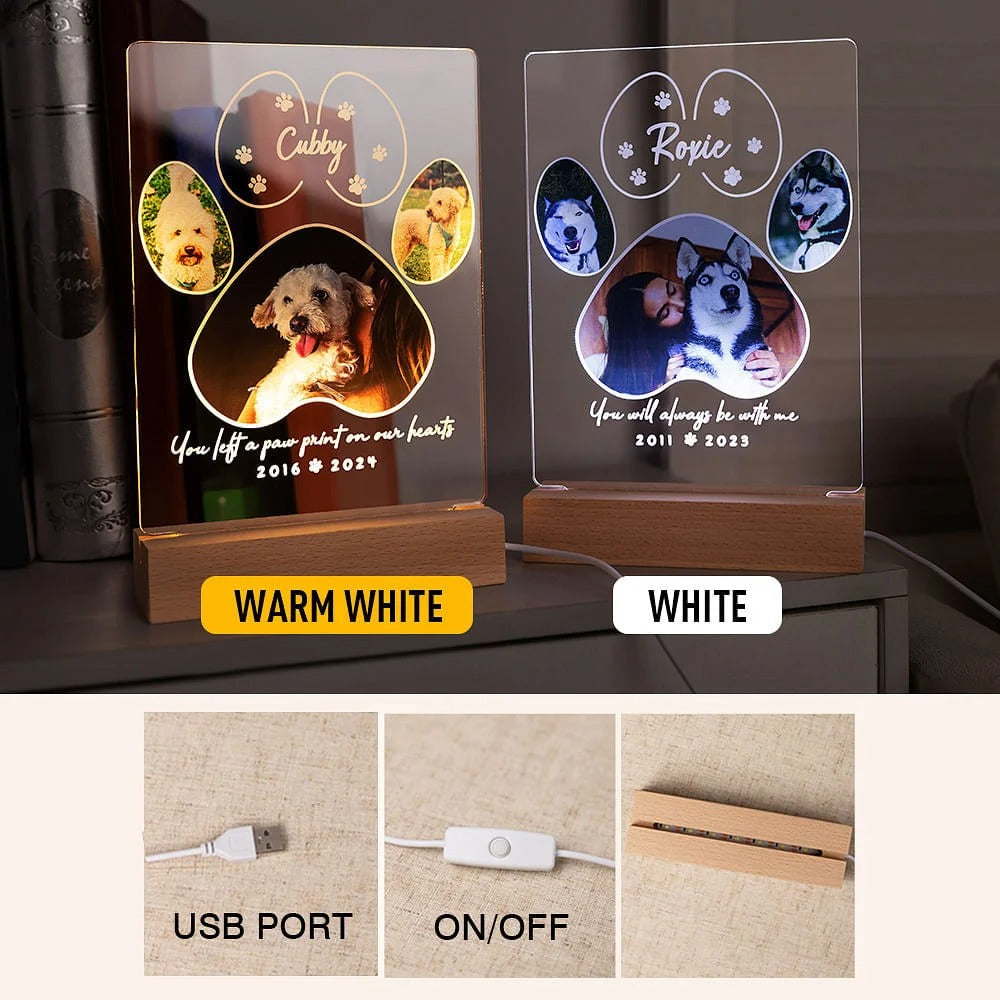 Personalized Pet Paw Print Photo Collage Memorial LED Night Light with Wooden Base Pet Loss Sympathy Gift for Cat Dog Pet Lovers