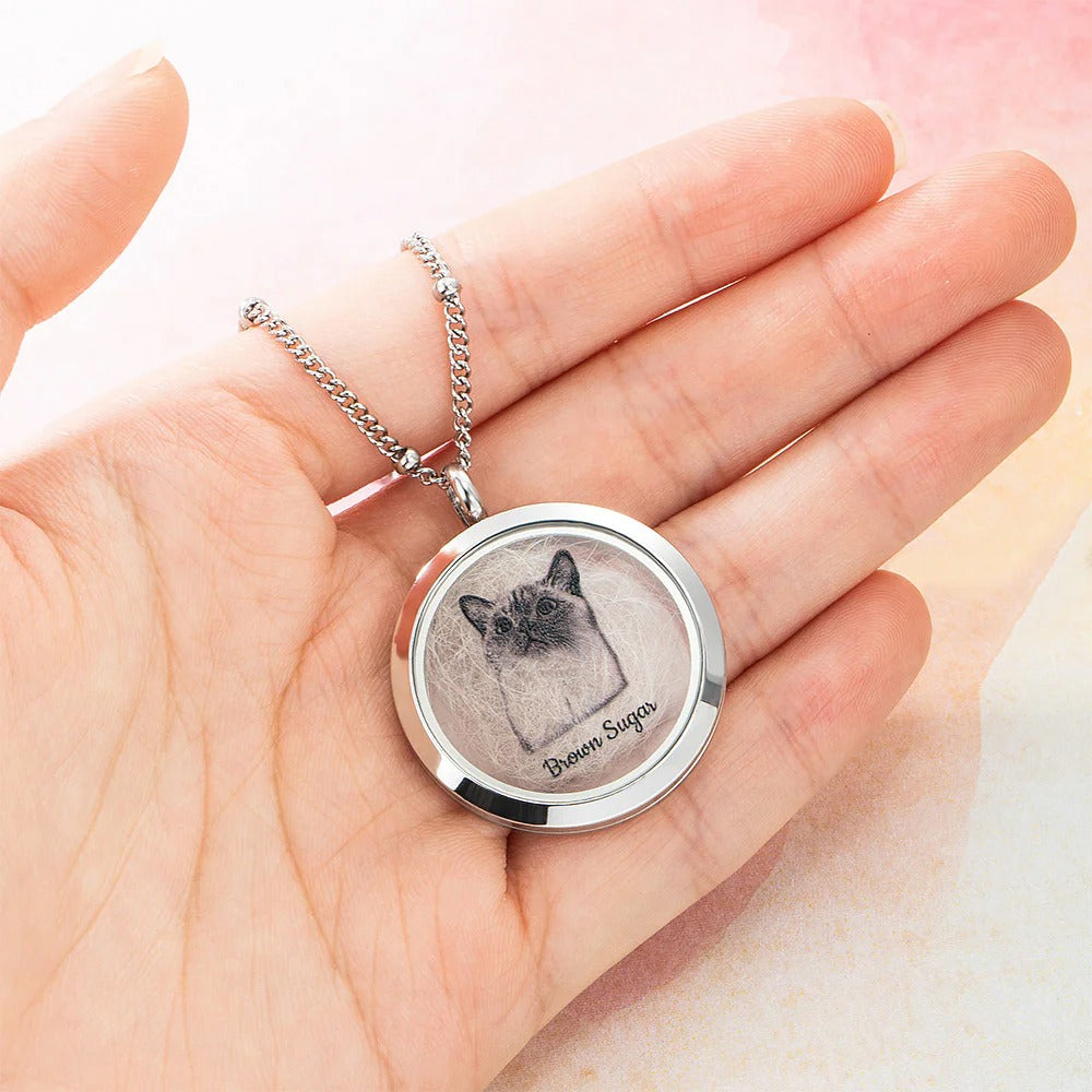 Personalized Pet Fur Keepsake Necklace with Portrait Memorial Jewelry Pet Loss Gift for Her