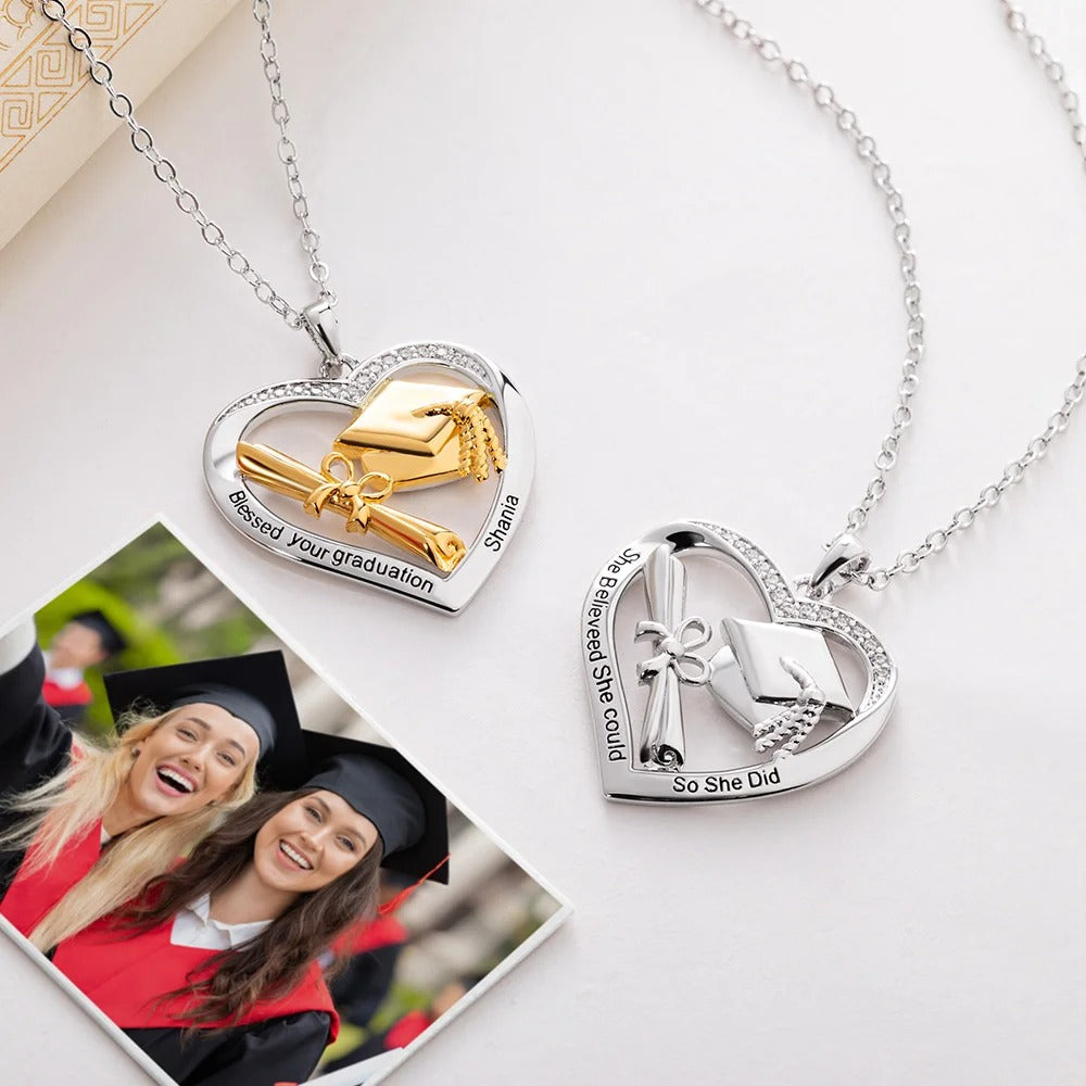 Personalized Heart-shaped Graduation Cap Scroll Necklace with Zircon and Engraved Text Graduation Gift for Graduates Women