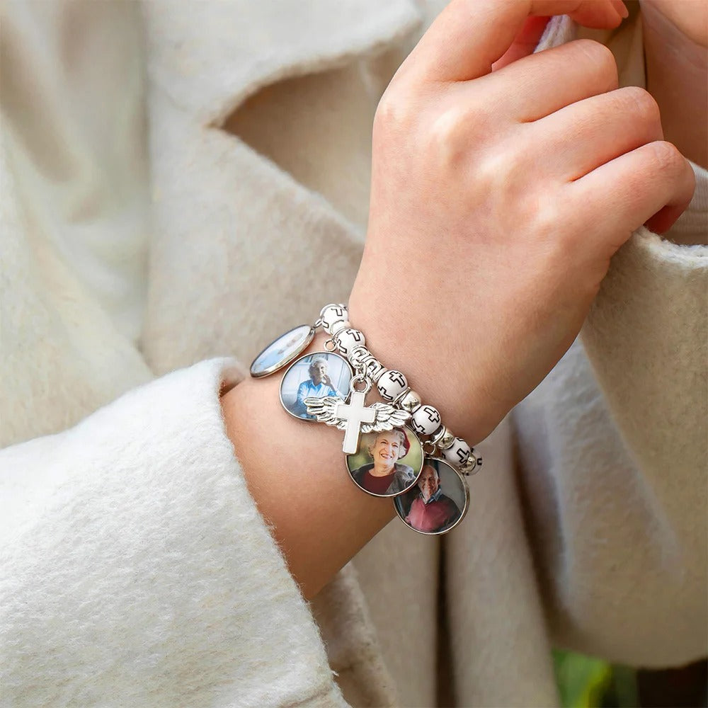 Personalized Cross Elastic Cord Commemorative Bracelet with Photo Religious Christmas Gift for Christian