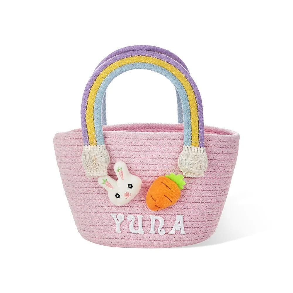 Personalized Cute Easter Rabbit Carrot Woven Basket with Name Easter Egg Hunts Party Favor Birthday Gift for Kids