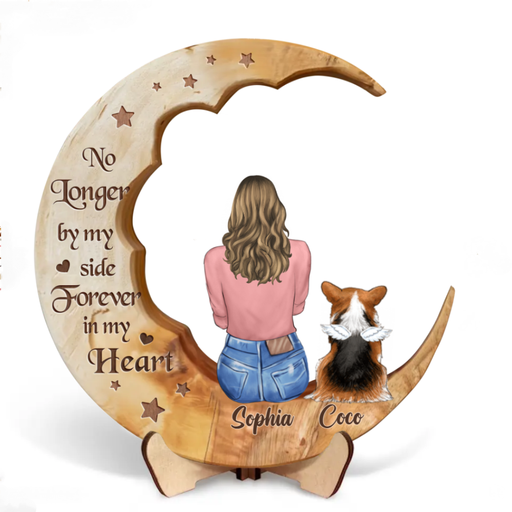 Personalized Memorial Dog Moon Wooden Art - Memorial Gift Idea for Cat/Dog Lover - No Longer By My Side Forever In My Heart